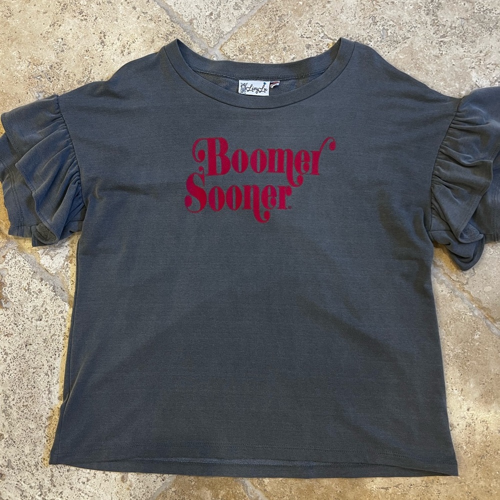 LivyLu Oklahoma Boomer Sooner ruffle sleeve top